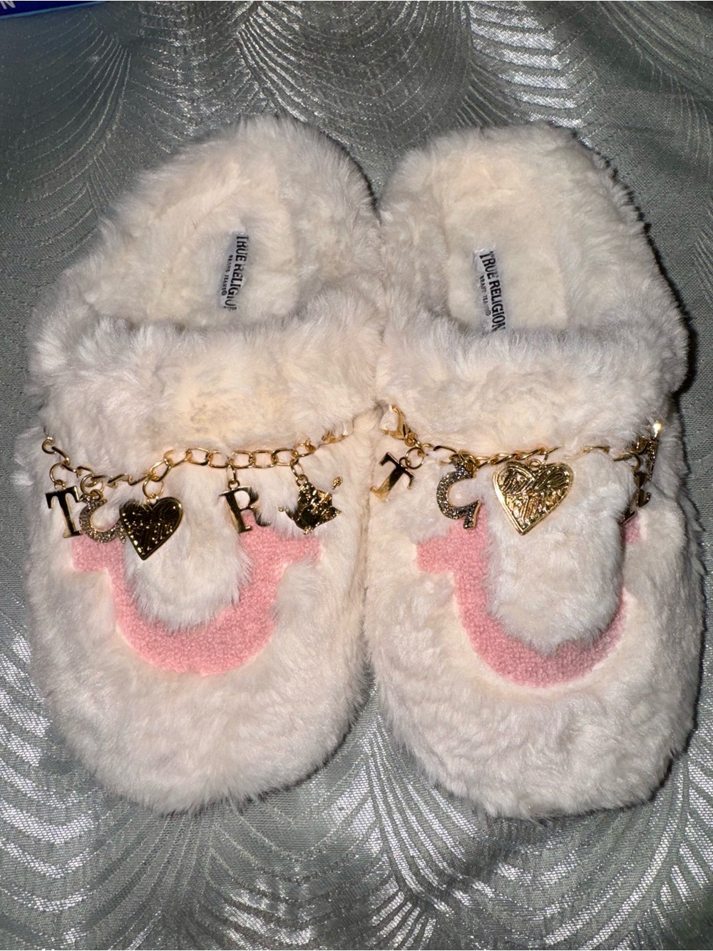 True Religion Plush Fuzzy Logo Slippers with Gold Charm Chain